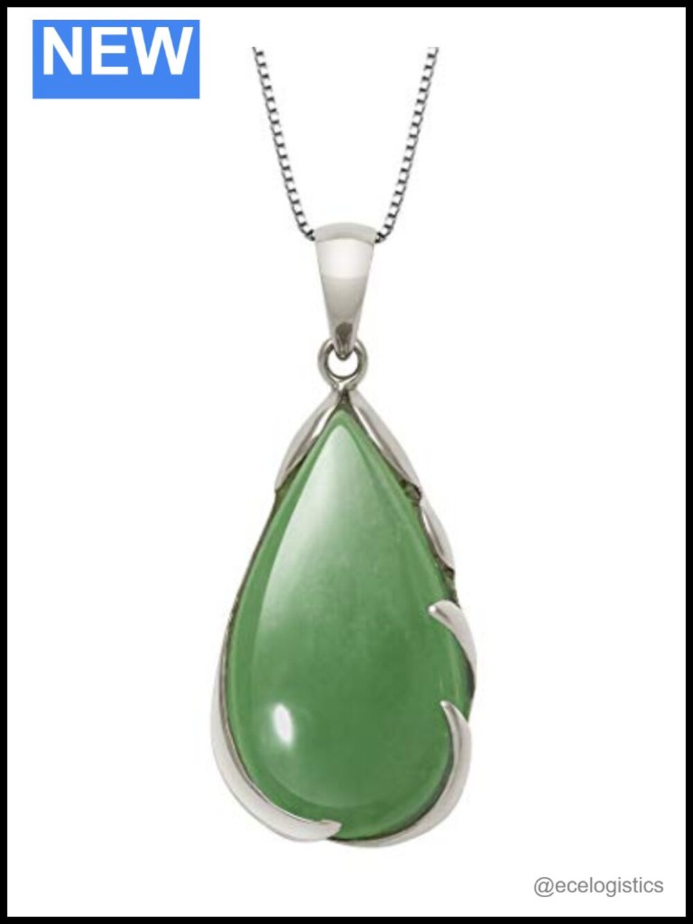 Natural Jade Teardrop Pendant Necklace .925 Sterling Silver 18in